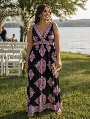 INC International Concepts Pink & Black Paisley Maxi Dress – Size Medium EUC